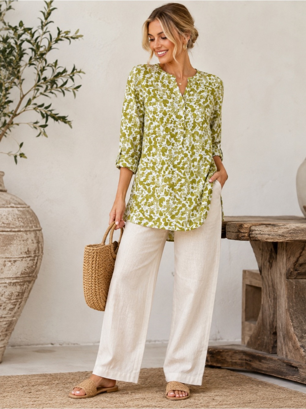 Seasalt Silvershell Tunic Size 12 Green Floral 100% Cotton Long Sleeve #1787